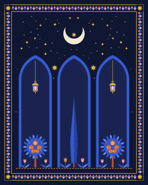 A row of pointed cobalt arches opens onto the night, each holding a cypress or a flowering tree, with gold stars in the spandrels above.
