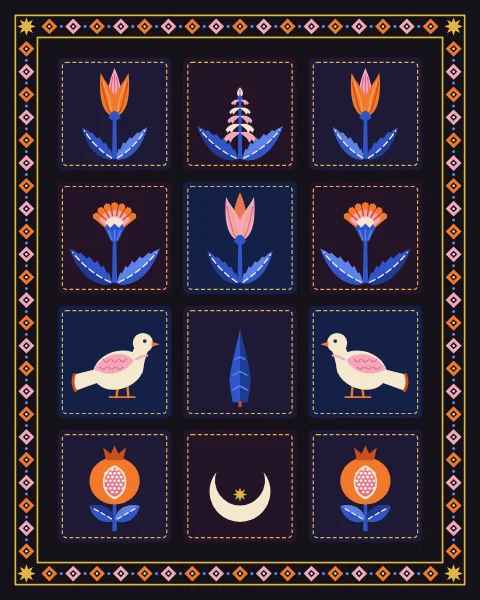 A grid of small framed panels, like a gallery wall in one print, each holding one motif of the night garden: tulips, pomegranates, a rose, a dove, a crescent, a star and more.