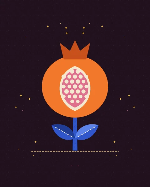 One large tangerine pomegranate, opened to show rows of cream seeds, stands on a short cobalt stem between two leaves on a deep plum ground.