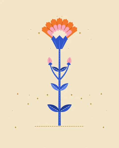 A single tangerine carnation with a fringed fan of petals rises on a cobalt stem with paired leaves and two pink buds, on a pale cream ground.