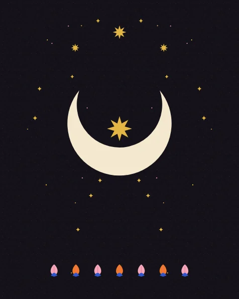 A large cream crescent holds a small gold star in its bowl, with three more stars above and a fine line of small buds along the foot of the night.