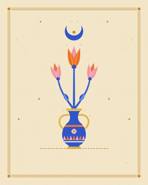 A two-handled cobalt vessel with tangerine and pink bands holds three tulips, one tangerine and two pink, on a pale cream ground.