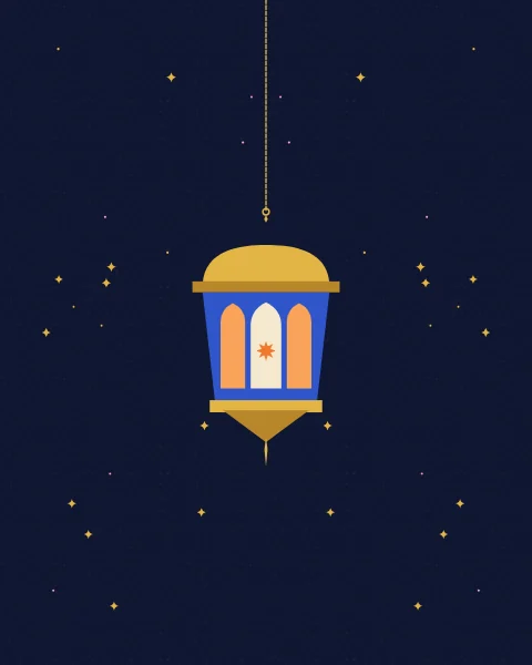 A single gold lantern with glowing arched windows hangs on a long fine chain in a deep blue night, with small gold stars around it.