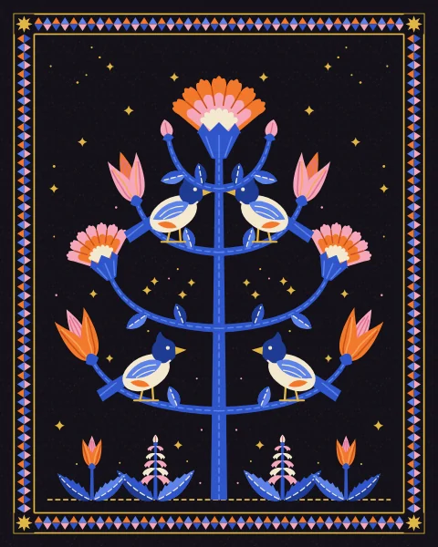 Four crested songbirds perch on the mirrored branches of a flowering cobalt tree hung with tulips and carnations, above a bed of hyacinths.