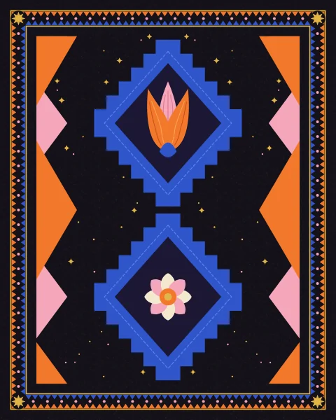 A column of stepped cobalt lozenges, each holding a tulip or a rosette, runs down the centre of the night, flanked by half-lozenges and rows of gold stars.