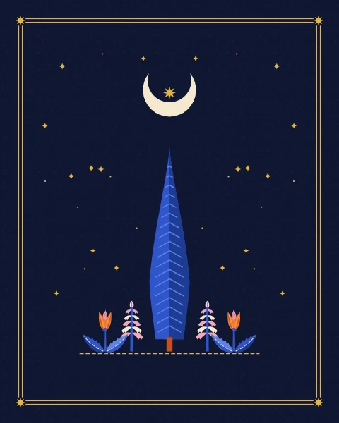 A single tall cobalt cypress stands under a cream crescent, with hyacinths and tulips at its foot and a few gold stars in the sky.