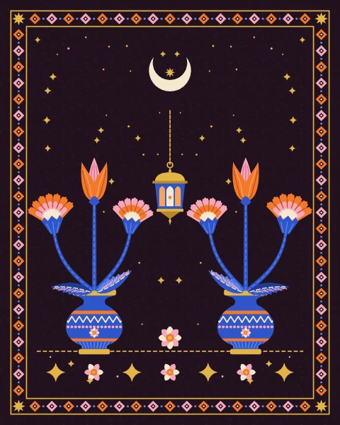 Two striped cobalt vases of tulips and carnations stand either side of a gold lantern that hangs low between them on a long chain.