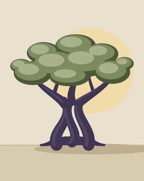 A single ancient olive tree with a twisted, hollowed trunk stands on pale ground before a soft sun.