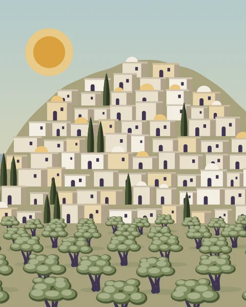 Pale stone houses with flat roofs and small domes are stacked up a hillside, with cypresses between them and olive groves below.