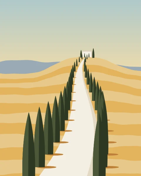 A pale road winds through golden fields between rows of cypress trees to a farmhouse on the hill.