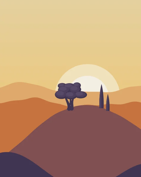 A low sun sits behind a hilltop where a lone olive tree and two cypresses stand in silhouette over layered warm hills.