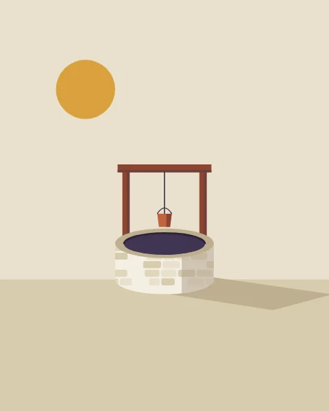 A round stone well with a wooden frame and a hanging bucket casts a long shadow under a low sun.
