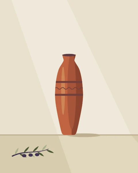 A tall terracotta storage jar with incised bands stands in a shaft of light against a limestone wall, with an olive sprig at its foot.