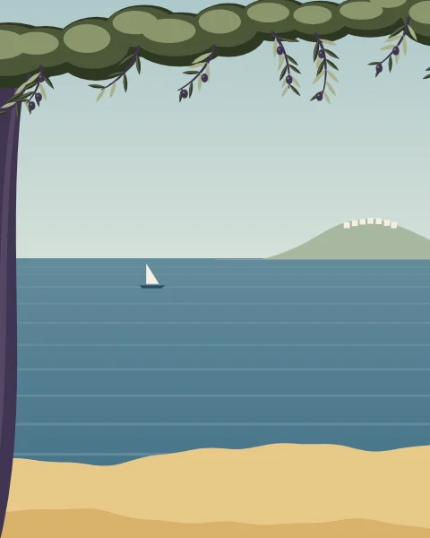 Olive branches and a dark trunk frame a view down to a blue sea, a pale headland with white houses and a single sail.
