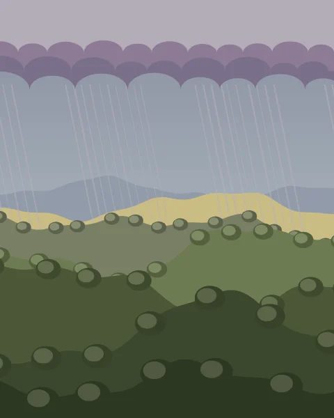 A violet cloud trails bands of rain over layered green hills, with one far slope still catching the light.