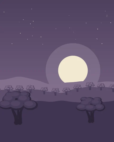 A full moon rises over a ridge of olive trees in a violet dusk sky, with the grove in silhouette in front.