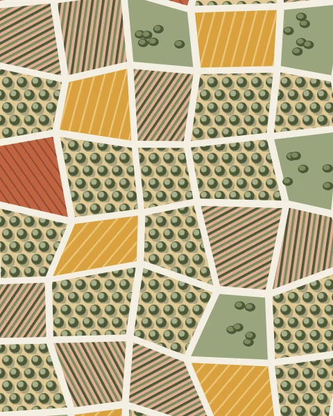 A patchwork of fields seen from the air: striped vineyards, dotted olive groves, ploughed earth and golden wheat, divided by pale tracks.