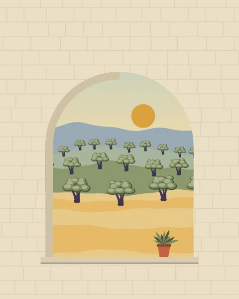 A deep stone arch, or a pair of them on the wide sheets, looks out to olive groves and hills beyond, with a potted plant on the sill.