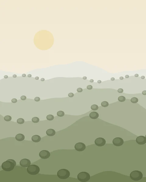 Pale layered hills dotted with small trees fade into a soft morning sky.