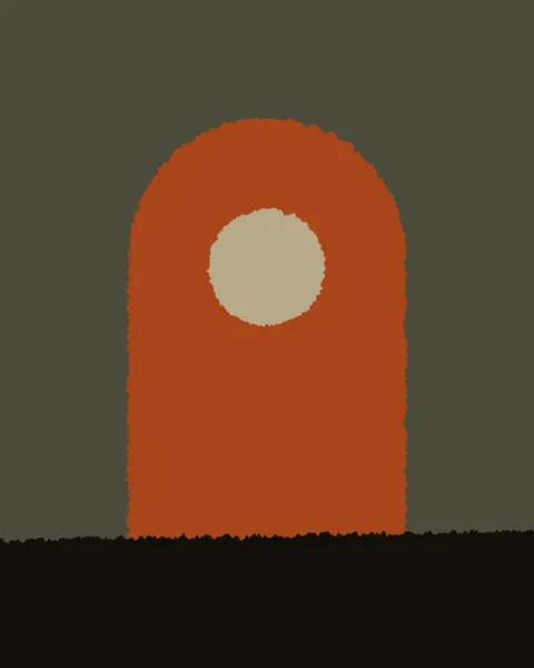 A tall arch torn from clay-coloured paper stands on a moss ground, a rough sand circle set in its crown. A torn ink strip runs across the foot of the frame.