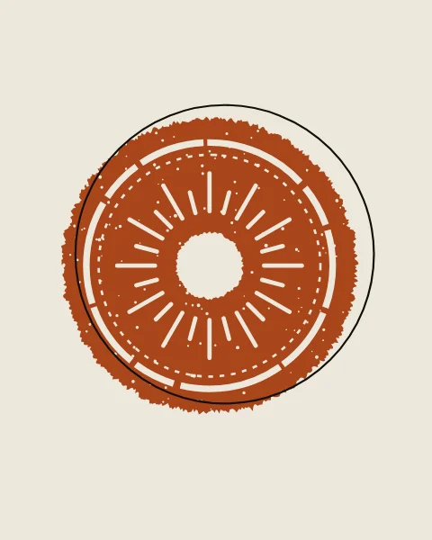A large clay circle with a rough edge carries broken bone rings, a ring of short rays and a small torn centre. A thin ink circle sits a few millimetres off, as if printed on a second pass.