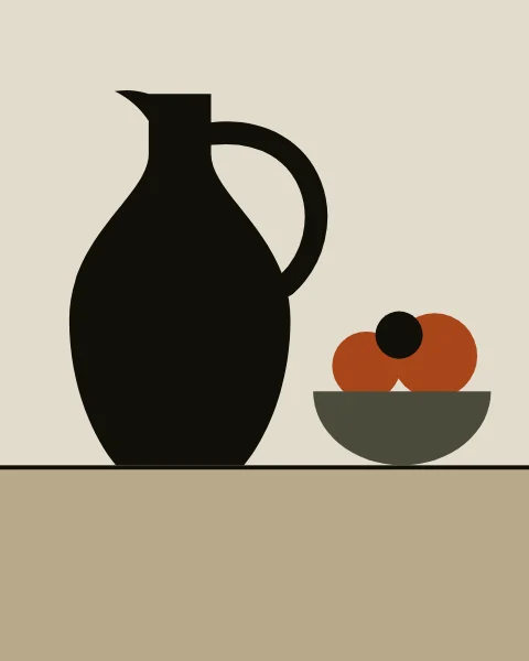 A black jug with a pinched spout and a looped handle stands on a sand-coloured table, next to a moss bowl holding two clay fruits and one dark one. The wall behind is plain bone.