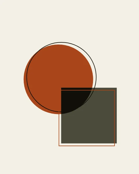 A clay circle and a moss square cross, their shared area printed in ink. Thin outlines of each shape sit a little off their fills.