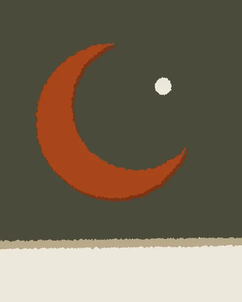 A large crescent torn from clay-coloured paper hangs in a moss field that is itself torn across a bone sheet, with a thin sand strip at its foot. A small torn bone circle sits in the open side of the crescent, and a soft shadow lifts the clay off the page.