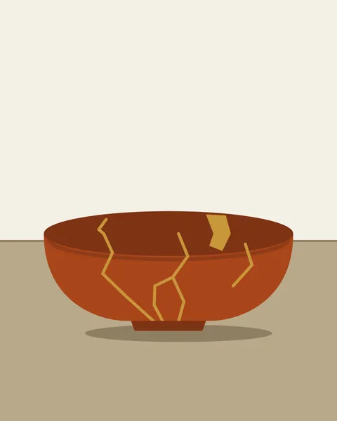 A wide clay bowl sits on a sand shelf against a paper wall, its rim shown as a darker ellipse. Fine gold seams run through the glaze where it once broke, and one missing piece near the rim is filled in gold.