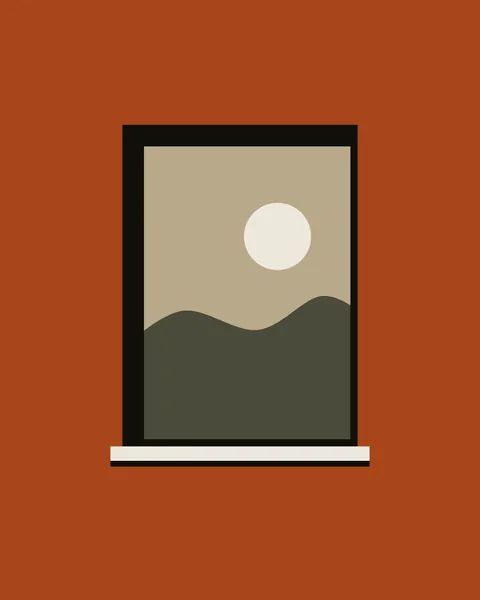A dark-edged window opening in a clay wall frames a sand sky, a bone sun and a moss hill. A bone sill runs beneath it.