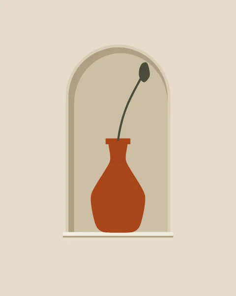 A tall arched recess is set into a pale plaster wall, its inner curve shaded where the lip casts a shadow. On its bone sill stands a clay vase holding one dried moss-green stem.