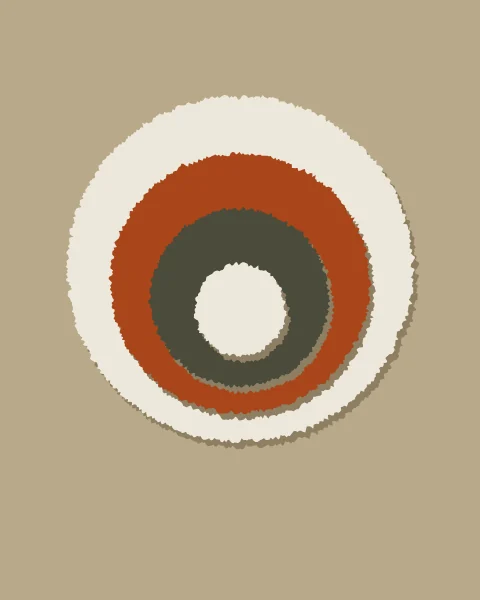 Four torn circles of bone, clay, moss and bone are layered on a sand ground, each slightly lower than the one beneath. A darker sand shadow sits under each edge.