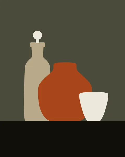 Three vessel silhouettes, a stoppered sand flask, a round clay jar and a low bone cup, stand in an overlapping row on an ink shelf. The wall behind is moss.