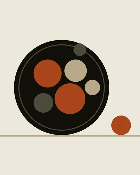 A large ink circle holds six circles of clay, sand and moss, one of them touching the rim. A single clay circle has rolled away to rest on a thin sand table line near the lower right.