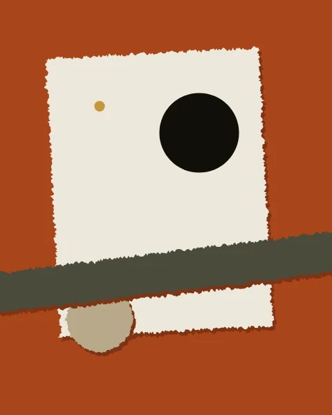 A large torn bone sheet sits at a slight angle on a clay ground, crossed low down by a moss strip that half covers a torn sand disc. An ink circle rests near the top and a gold dot pins one corner; each piece casts a thin dark shadow.