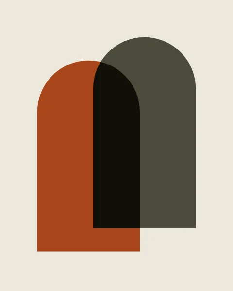 Two tall arches, one clay and one moss, overlap on a bone ground, the moss one set higher and to the right. Where they cross, the shape is printed in ink.
