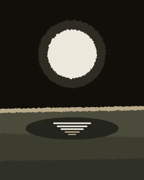 A torn bone moon with a torn dark halo hangs in an ink sky above a horizon edged with a thin sand line. Below, three moss fields step darker towards the viewer, and the moon's reflection lies across a dark pool in five short strokes, three of bone and two of sand, shortening as they go.