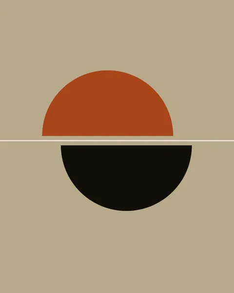 A circle is cut across its middle, the clay upper half nudged left and the ink lower half nudged right. A thin bone line runs through the cut on a sand ground.