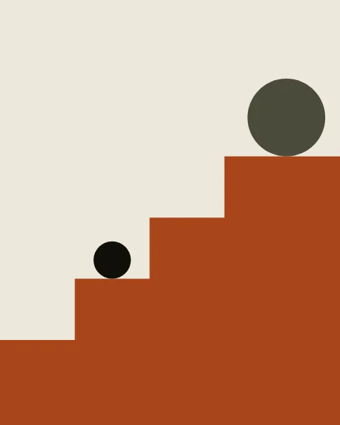 A stepped clay form rises in three treads from the lower left to a wide ledge on the right. A moss ball rests on the ledge, and a small ink ball sits on one of the steps.