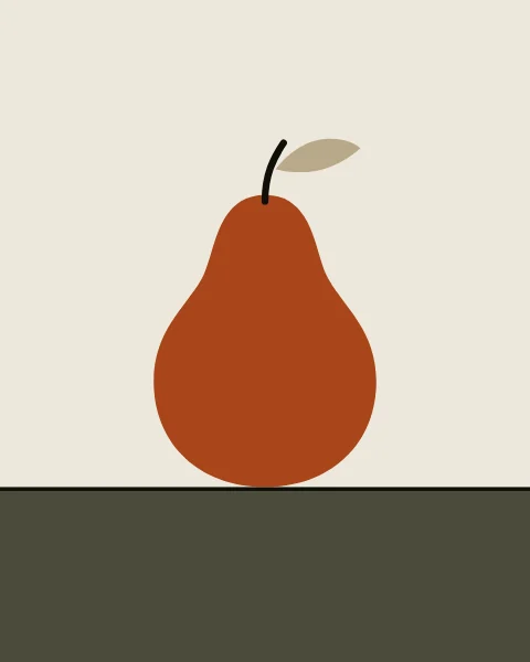 A single clay pear with a full, rounded base and a narrow shoulder sits on a moss table below a bone wall. A curved ink stem carries a single sand leaf; on wider sheets a smaller sand pear stands beside it.