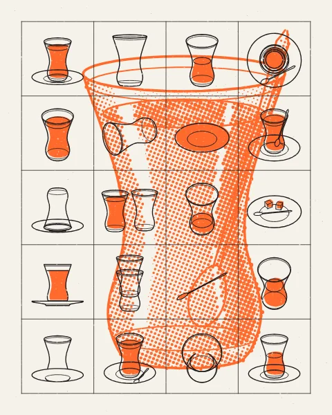 Twenty-odd small line drawings of an istikana tea glass, its saucer and spoon, seen from above, below and side on and in every state from full to empty, in black on a grid. One large glass of tea in a fluorescent orange halftone stands behind them, in the slightly offset two-colour manner of a risograph print.