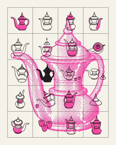A grid of drawings of a dallah coffee pot turned through many angles, opened, taken apart and shown pouring into small cups, in black with fluorescent pink fills. A large pink halftone dallah stands behind the grid, in the slightly offset two-colour manner of a risograph print.