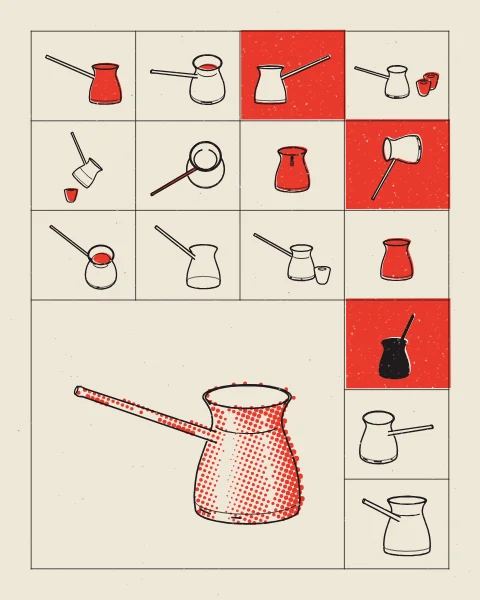 A grid of small drawings of a long-handled cezve coffee pot, empty, full, pouring and beside its cups, with a few cells printed solid red. A larger cezve in red halftone and black line sits in an open block of the grid.