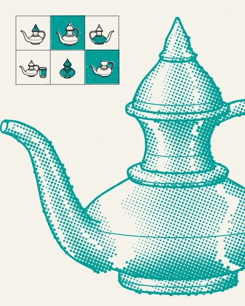A very large Moroccan teapot in teal halftone fills the sheet and runs off its edges, while a small block of black line studies of the same pot, its lid and its glasses sits in the top corner.