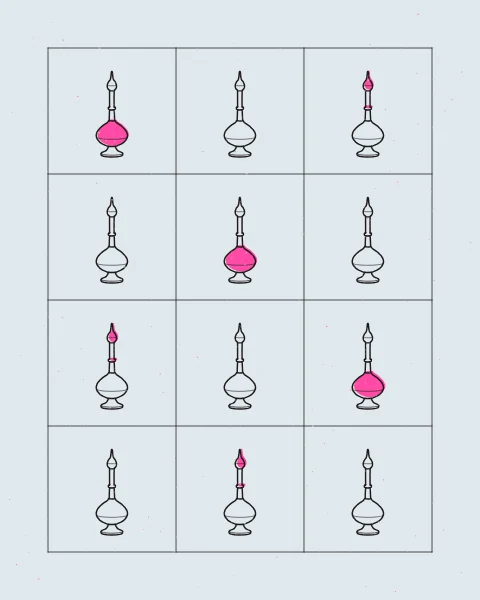 A calm grid of the same tall rosewater sprinkler repeated in black line on a pale blue sheet, its body or its stopper picked out in fluorescent pink in a slow rhythm.