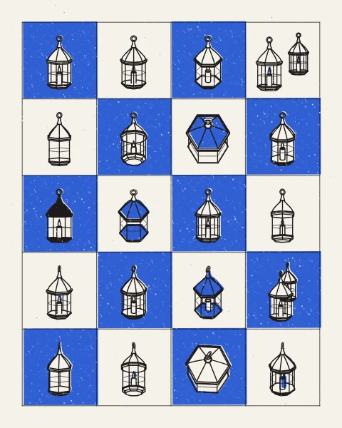 Hanging lanterns with six and eight glazed sides, lit and unlit, drawn in black on a chequerboard of cobalt blue and pale paper, the blue cells printed around the lanterns so that they show as clear paper.