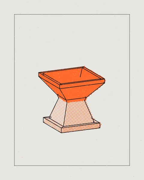 A single square incense burner on a stepped base, drawn in black with its bowl printed in solid orange and its body shaded in an orange halftone, alone in a fine frame on a grey sheet.