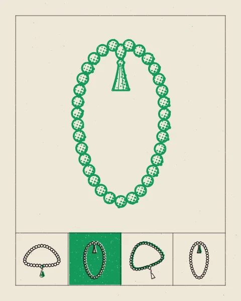 A string of thirty-three prayer beads hangs large in a green halftone, with a row of small black drawings of the same beads lying, hanging and turned beneath it.