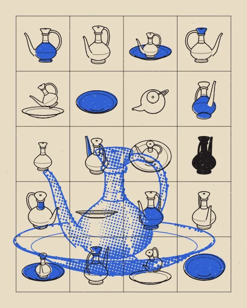 A grid of black line drawings of a long-spouted ewer and its wide basin, standing, pouring and seen from above, over one large blue halftone ewer set in its basin, in the slightly offset two-colour manner of a risograph print.