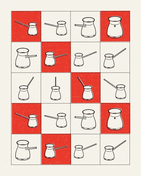 A cezve full of coffee turned a little further in each cell of a grid, its long handle swinging round the sheet, in black line with the coffee in red and diagonal runs of views printed solid red.